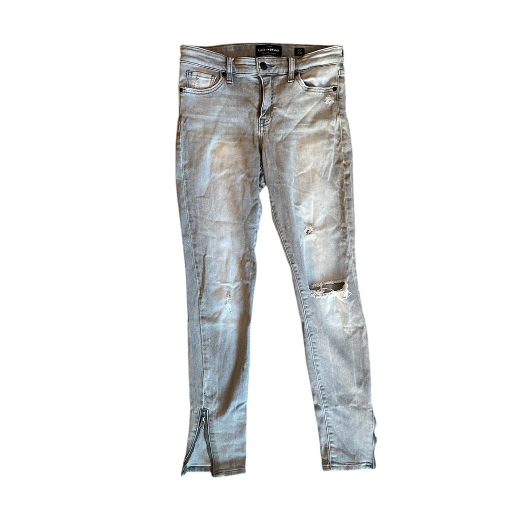 Lucky Brand Ava Super Skinny Light Gray Wash Distressed Jeans Zipper Ankle, 2